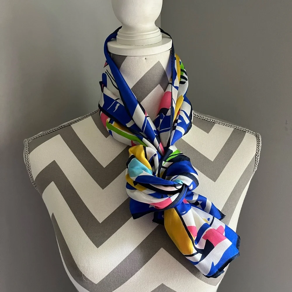 Colorful Abstract Vintage Silk Print Scarf - 52” l x 11” w - Picture 5 of 8